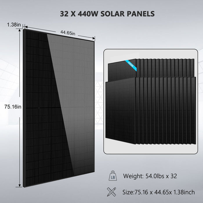 SunGold Power Off Grid Solar Kit 20KW 48VDC 120V/240V LIFEPO4 30.72KWH Lithium Battery 32 X 440 Watts Solar Panels