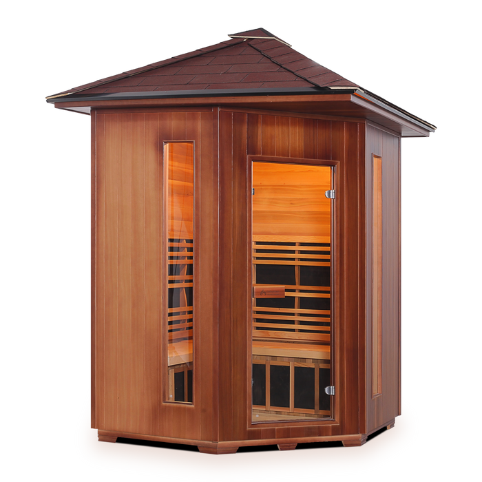 Enlighten InfraNature Original Rustic 4 Corner Peak Roof Full Spectrum Infrared Outdoor Sauna | 4 Persons