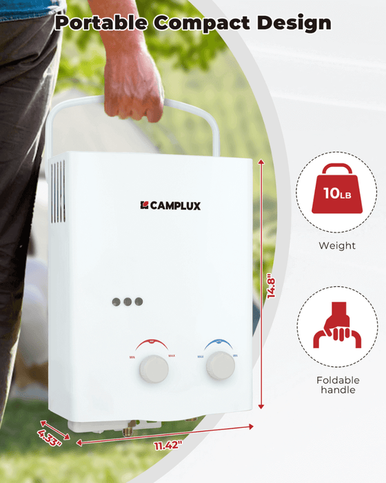 Camplux 5L 1.32 GPM Outdoor Portable Propane Tankless Water Heater - White