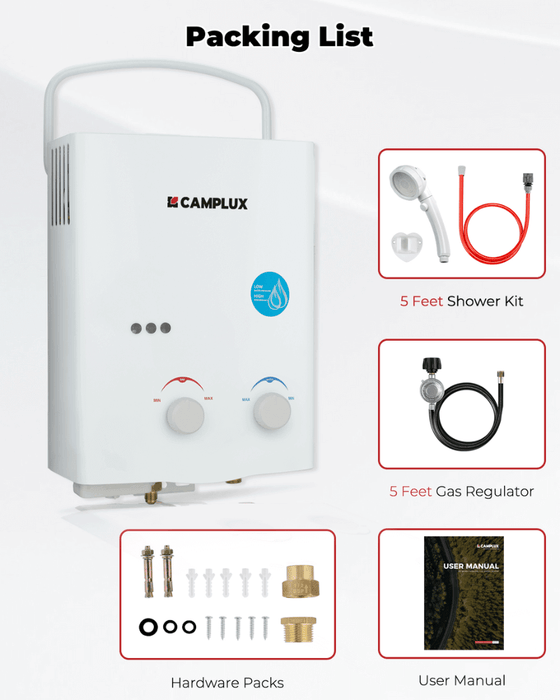 Camplux 5L 1.32 GPM Outdoor Portable Propane Tankless Water Heater - White