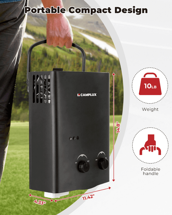 Camplux 5L 1.32 GPM Outdoor Portable Propane Tankless Water Heater - Black