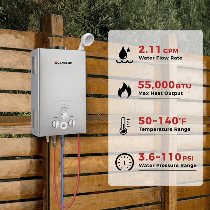 Camplux Portable Propane Tankless Water Heater, Camplux 2.11 GPM On Demand Camping Gas Water Heater, Gray