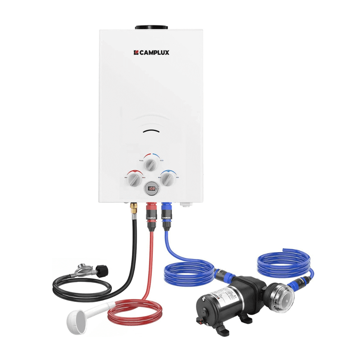 Camplux Propane Portable Tankless Water Heater Outdoor, Camplux 2.64 GPM Instant Hot Camping Showers with 3.3 GPM Water Pump & Pipe Strainer