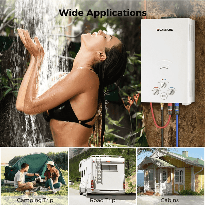 Camplux Propane Portable Tankless Water Heater Outdoor, Camplux 2.64 GPM Instant Hot Camping Showers with 3.3 GPM Water Pump & Pipe Strainer