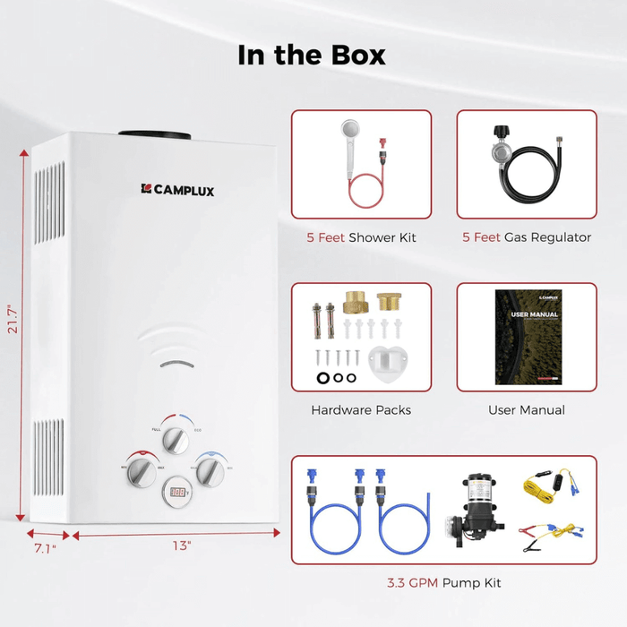 Camplux Propane Portable Tankless Water Heater Outdoor, Camplux 2.64 GPM Instant Hot Camping Showers with 3.3 GPM Water Pump & Pipe Strainer