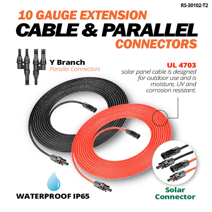 Rich Solar 10 Gauge 50 Feet Solar Extension Cable and Parallel Connectors