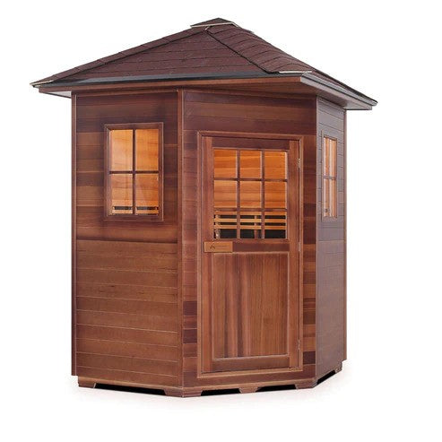 Enlighten InfraNature Duet Sapphire 4 Corner Peak Roof Hybrid Infrared/Traditional Outdoor Sauna | 4 Persons