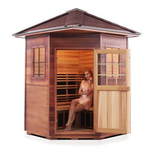 Enlighten InfraNature Duet Sapphire 4 Corner Peak Roof Hybrid Infrared/Traditional Outdoor Sauna | 4 Persons