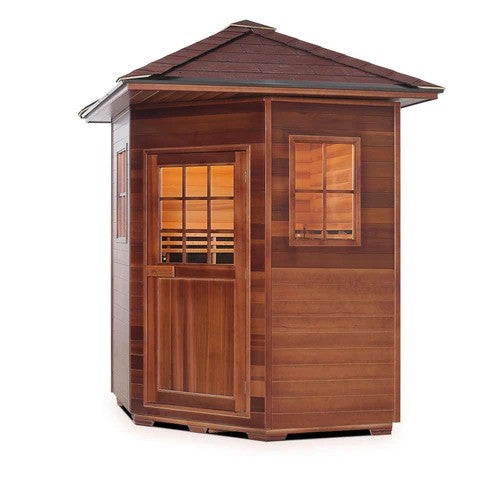 Enlighten InfraNature Duet Sapphire 4 Corner Peak Roof Hybrid Infrared/Traditional Outdoor Sauna | 4 Persons