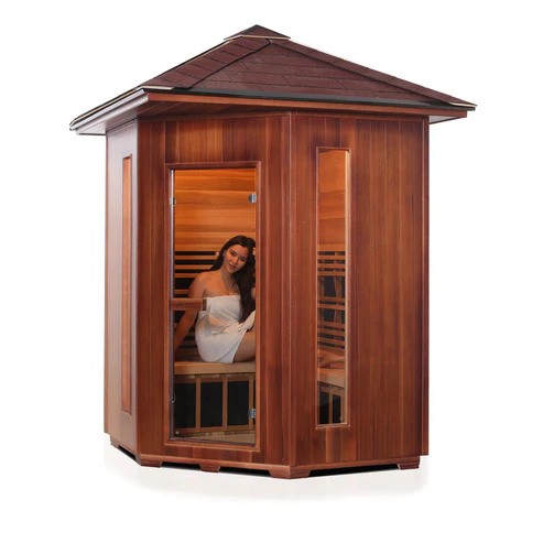 Enlighten InfraNature Original Rustic 4 Corner Peak Roof Full Spectrum Infrared Outdoor Sauna | 4 Persons