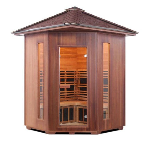 Enlighten InfraNature Original Rustic 4 Corner Peak Roof Full Spectrum Infrared Outdoor Sauna | 4 Persons