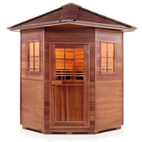 Enlighten InfraNature Original Sierra Corner Peak Roof Full Spectrum Infrared Outdoor Sauna | 4 Persons