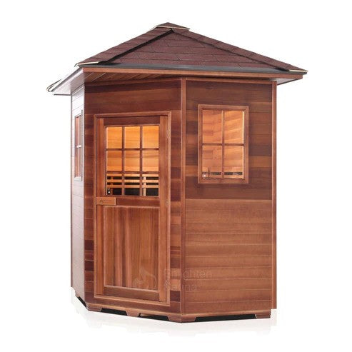 Enlighten InfraNature Original Sierra Corner Peak Roof Full Spectrum Infrared Outdoor Sauna | 4 Persons