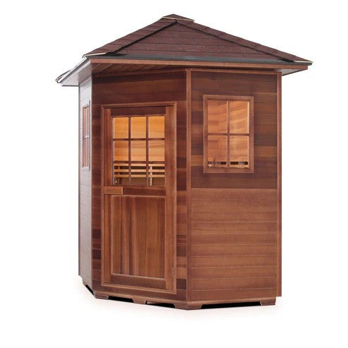 Enlighten SaunaTerra MoonLight 4 Corner Peak Roof Dry Traditional Outdoor Sauna | 4 Persons