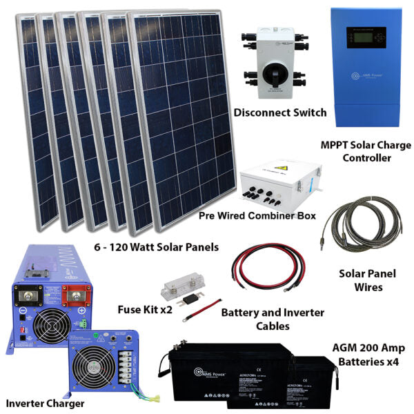 Aims Power Off Grid Solar Kit | 4000W Pure Sine Inverter Charger 120/240VAC | 720 Watt Solar Panels | 800 A Batteries