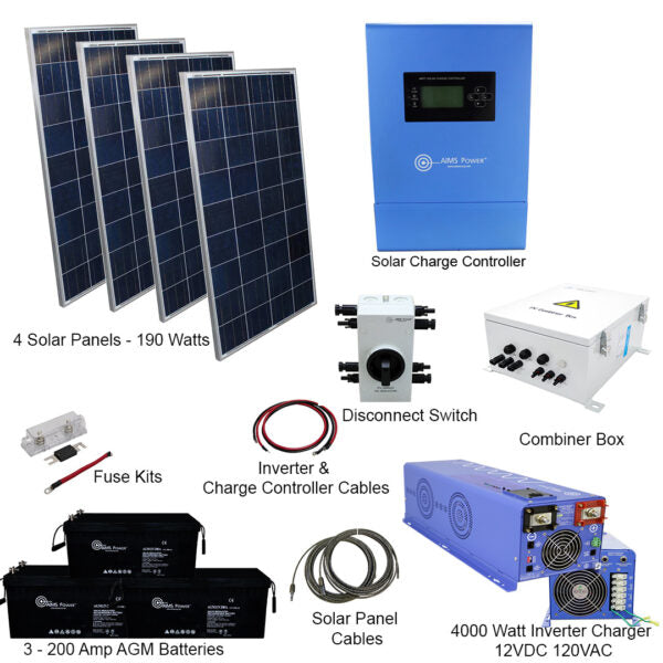 Aims Power Off Grid Solar Kit | 4000W Pure Sine Inverter Charger 120/240VAC | 760 Watt Solar Panels | 600 A Batteries