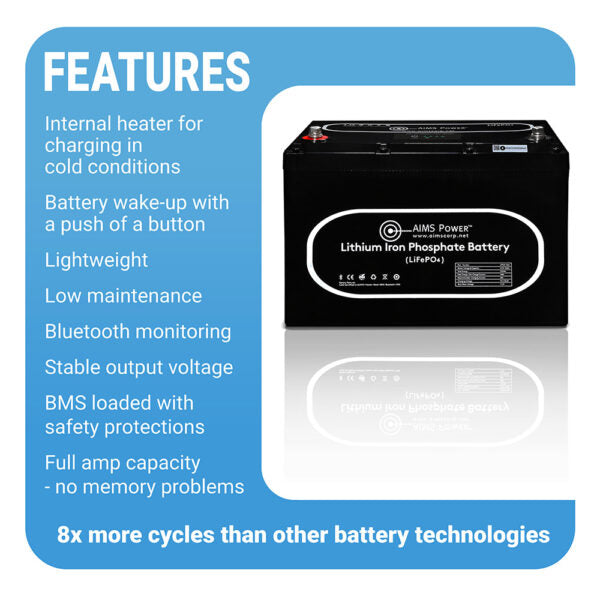 AIMS Power Lithium Battery with Wake Up, Heater & BT Monitoring 12V 104Ah LiFePO4