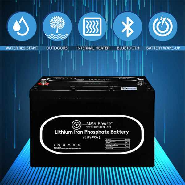 AIMS Power Lithium Battery with Wake Up, Heater & BT Monitoring 12V 104Ah LiFePO4