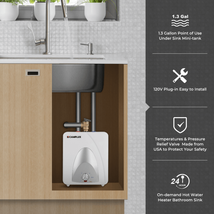 Camplux Electric Mini Tank Point of Use Water Heater 120V - 1.3 Gallon