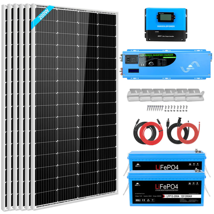 SunGold Power Off Grid Solar Kit 4000W Inverter 12VC 120V/240V LiFePO4 Battery 1200 Watt Solar Back Up