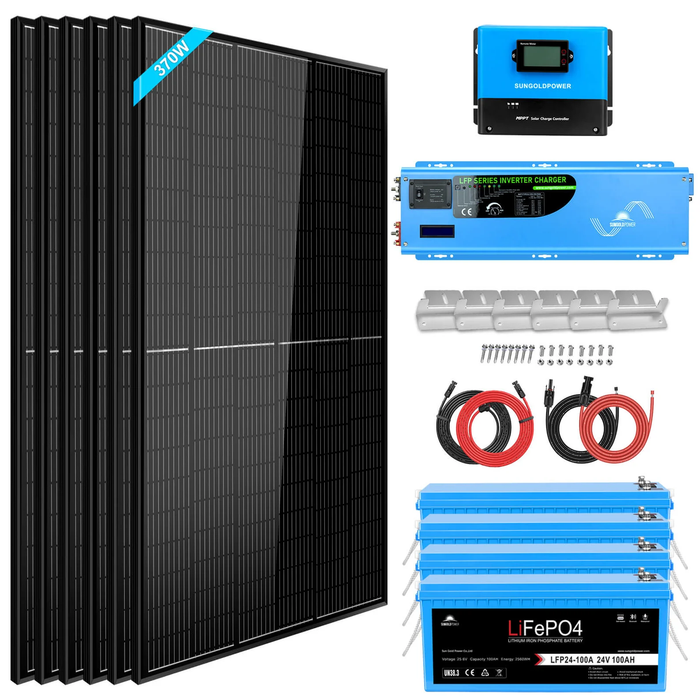 SunGold Power Off Grid Solar Kit 6000W 24VDC 120V/240V LifePO4 10.24KWH Lithium Battery 6 X 370 Watt Solar Panels