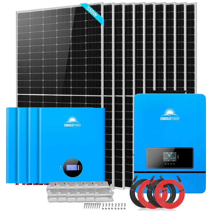 SunGold Power Off Grid Solar Kit 10KW Solar Inverter 48VDC 120V/240V 4 X 5.12KWH PowerWall Lithium Battery 10 X 550 Watts Solar Panels