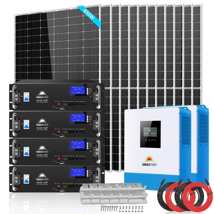 SunGold Power Off Grid Solar Kit 10000W 48VDC 120V/240V LifePO4 20.48KWH Lithium Battery 12 X 450 Watts Solar Panels