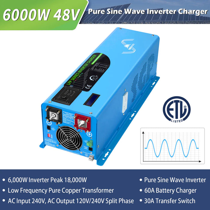 SunGold Power Off Grid Solar Kit 6000W 48VDC 120V/240V LiFePO4 10.48KWH Server Rack Lithium Battery 8 X 370 Watts Solar Panels