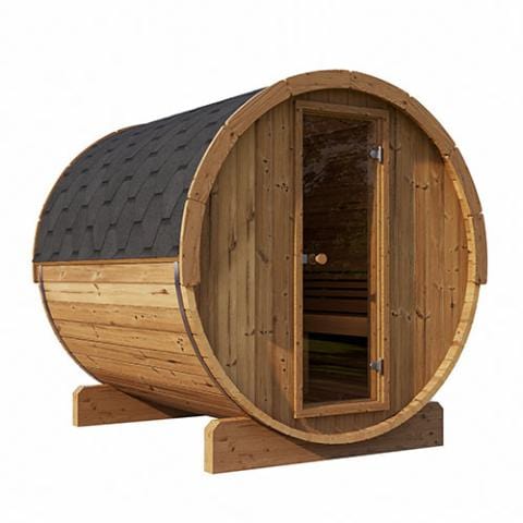 SaunaLife Model E7 Barrel Sauna Glass Window front and side view