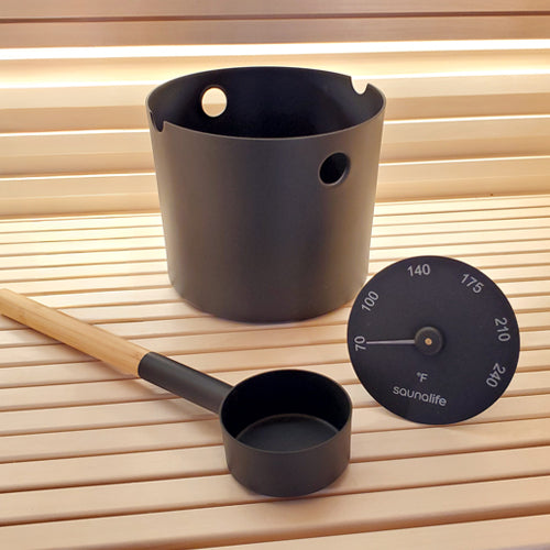 SaunaLife Accessory Package 6 | Aluminum 1-Gallon Sauna Bucket Set with Wood Ladle and Thermometer