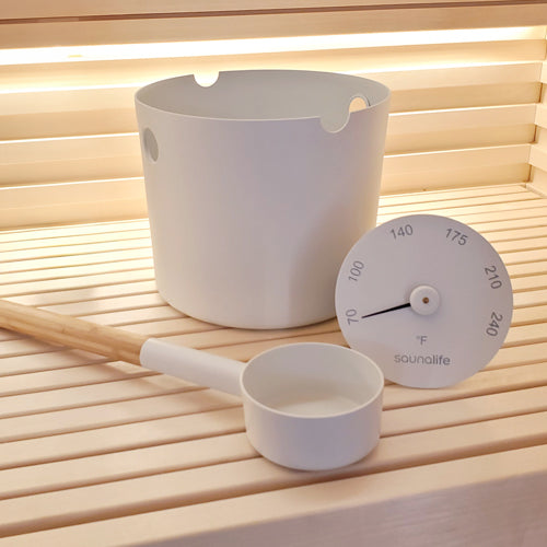 SaunaLife Accessory Package 6 | Aluminum 1-Gallon Sauna Bucket Set with Wood Ladle and Thermometer