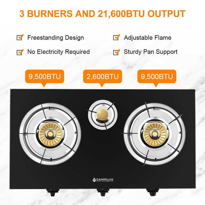 Camplux 21,600BTU 3 Burners Tempered Glass Portable Stoves for Camping