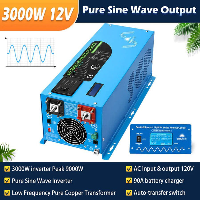 SunGold Power Off Grid Solar Kit 3000W Inverter 12VDC 120V Output LiFePO4 Battery 600 Watt Solar Back up