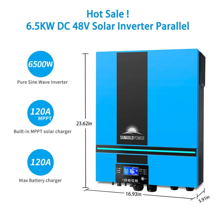 SunGold Power Off-grid Solar Kit 6500W 48VDC 120VAC LifePo4 10.24KWH Lithium Battery 8 X 415W Solar Panels