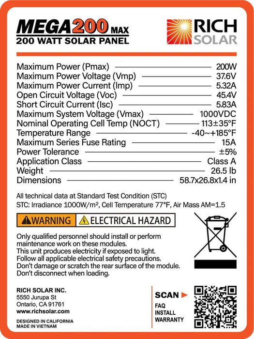 Rich Solar Mega 200 Watt Monocrystalline Solar Panel | Best 24V Panel for RVs and Off-Grid