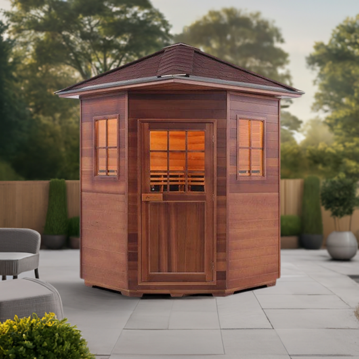 Enlighten InfraNature Duet Sapphire 4 Corner Peak Roof Hybrid Infrared/Traditional Outdoor Sauna | 4 Persons