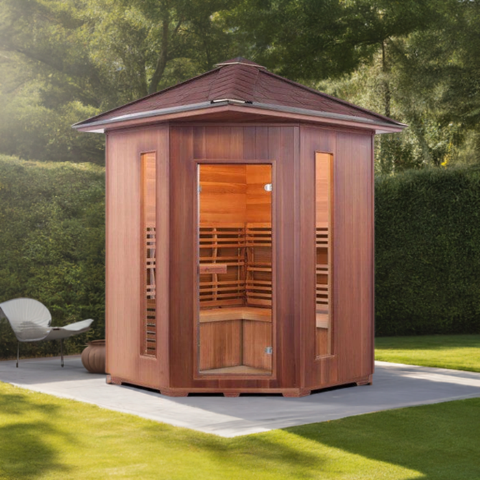 Enlighten SaunaTerra SunRise 4 Corner Peak Roof Dry Traditional Outdoor Sauna | 4 Persons