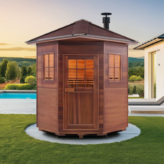 Enlighten SaunaTerra MoonLight 4 Corner Peak Roof Dry Traditional Outdoor Sauna | 4 Persons