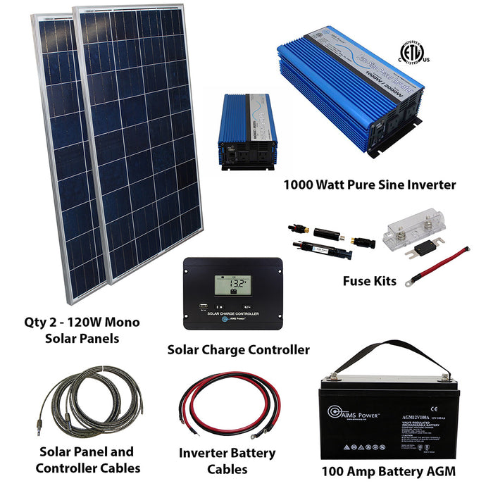 AIMS Power Solar Kit 240 W Solar | 1000 W Pure Sine Inverter | 100 A Battery