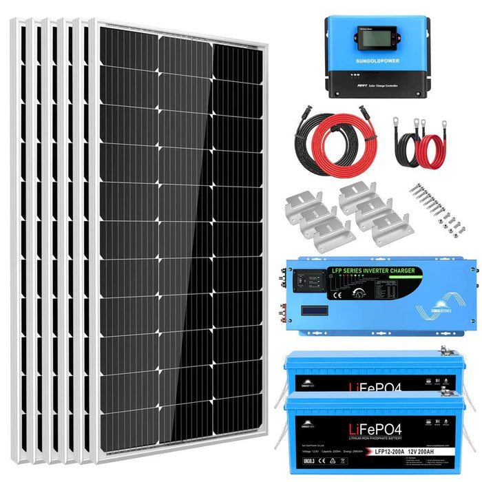 SunGold Power Off Grid Solar Kit 3000W Inverter 12VDC 120V Output LiFePO4 Battery 600 Watt Solar Back up